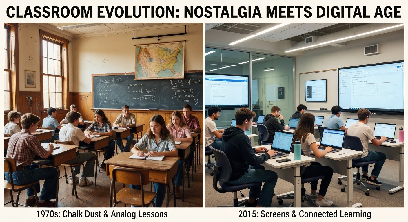 Contrast between 1970s and modern classrooms
