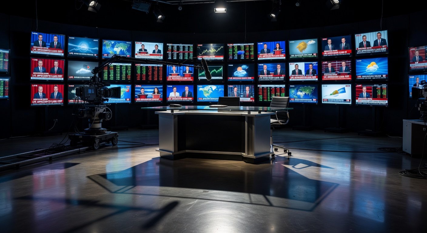 Empty television studio set with spotlighting