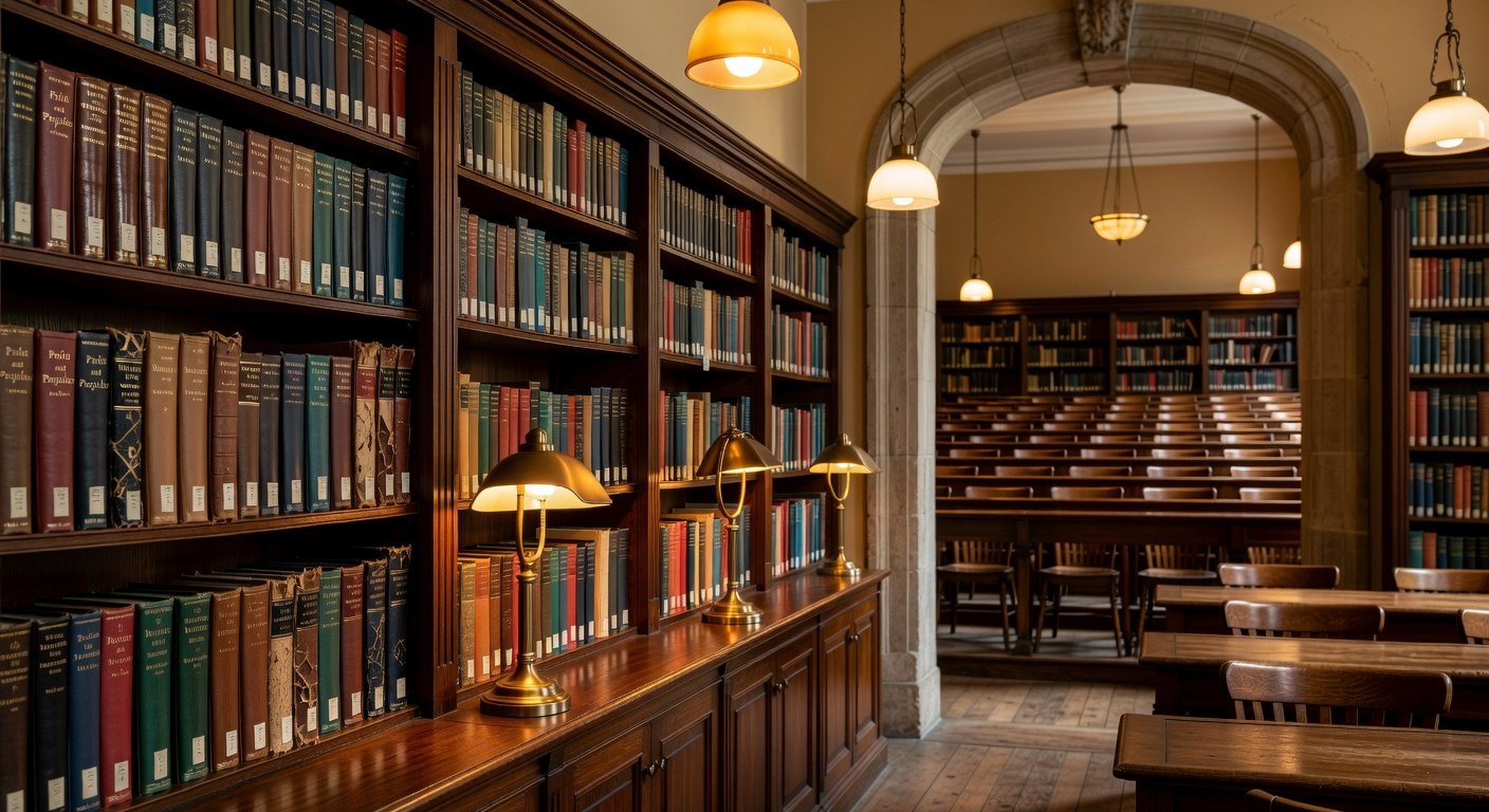 University library with classic literature on shelves